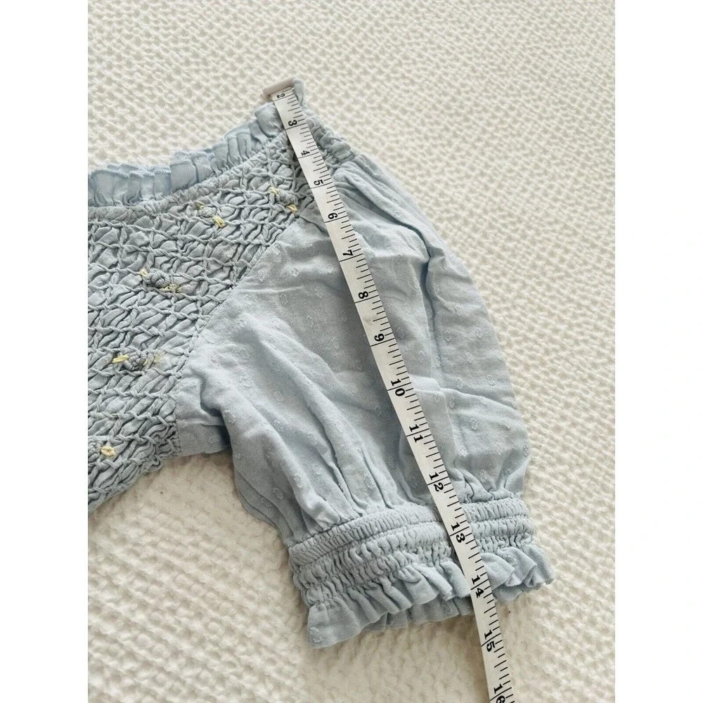 Free People Cecelia Puff Sleeve Smocked embroidered‎ Rosette Cute Top Size L $98
